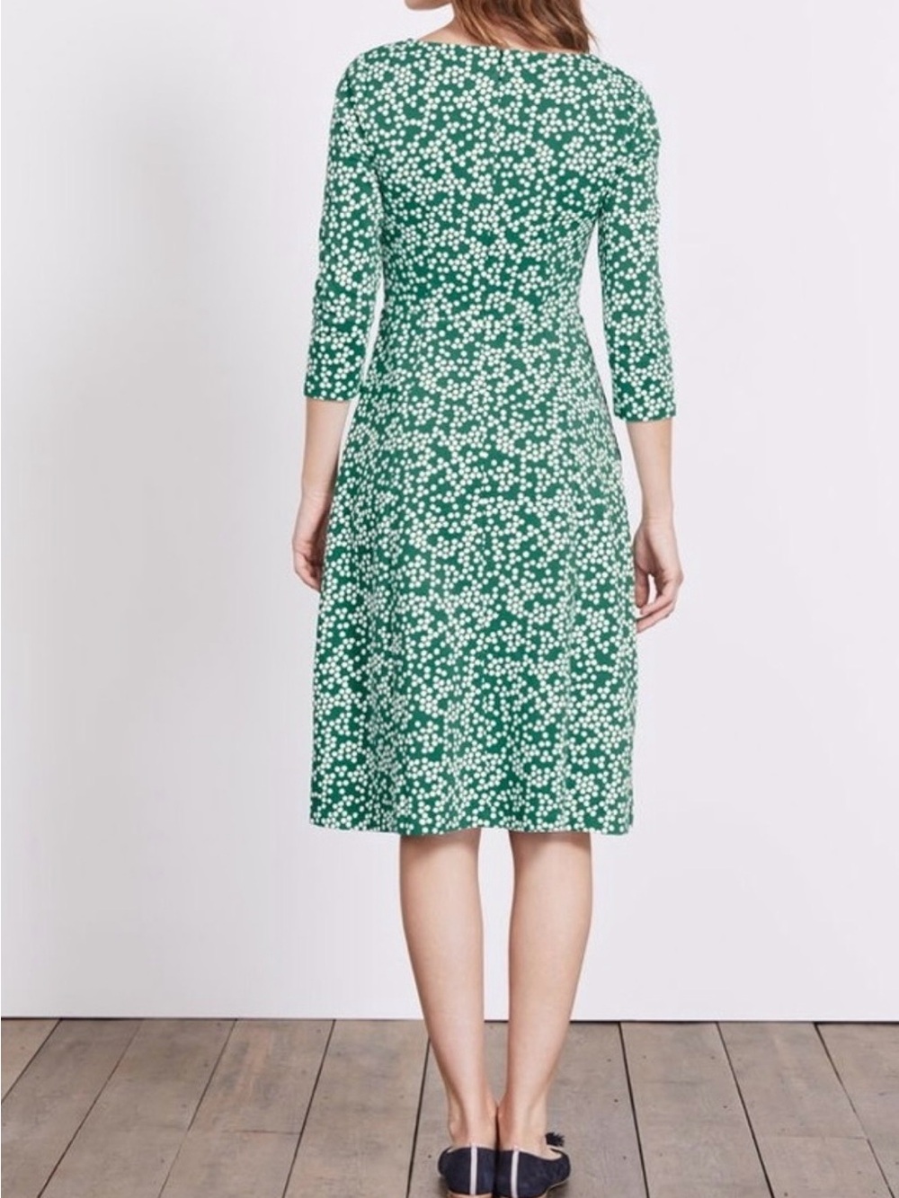 BODEN Julianna Ponte Dress 3/4 Sleeve Fit Flare US 8R Green White Midi Pockets - Picture 5 of 13